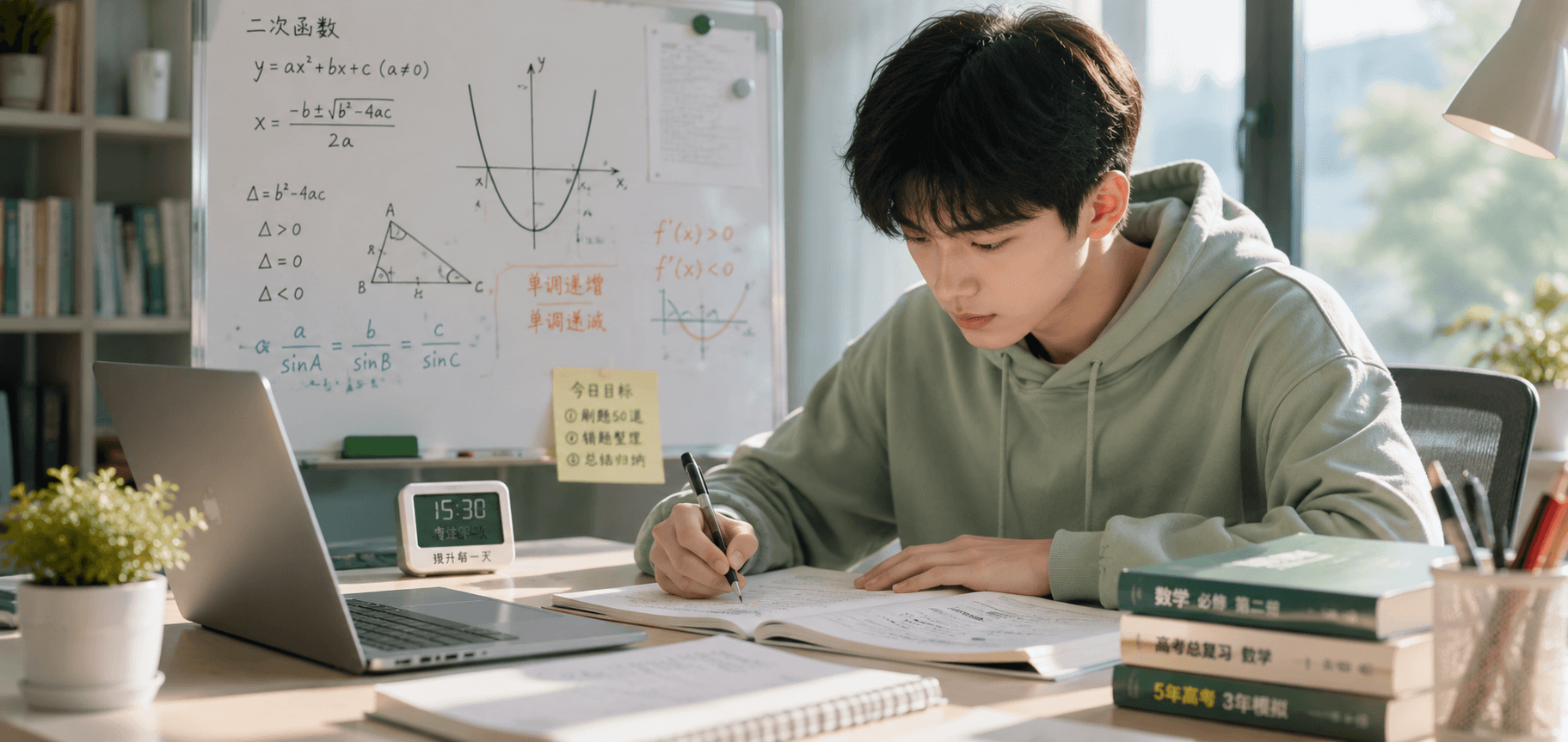 学生在书桌前专注学习，背景为写满数学公式的白板